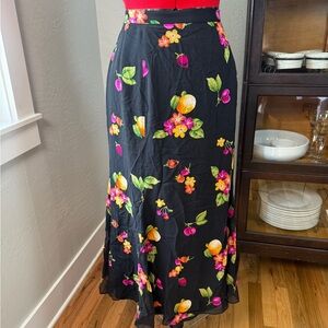 Dana Buchman 100% Silk Black Floral Fruit Print Midi Skirt Size 14